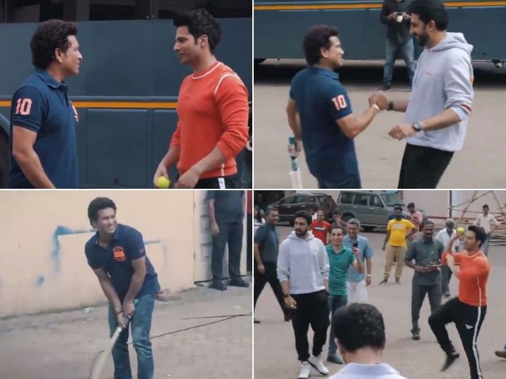 watch sachin tendulkar plays cricket with varun dhawan abhishek bachchan on sports day WATCH: Sachin Tendulkar Plays Cricket With Varun Dhawan, Abhishek Bachchan on Sports Day