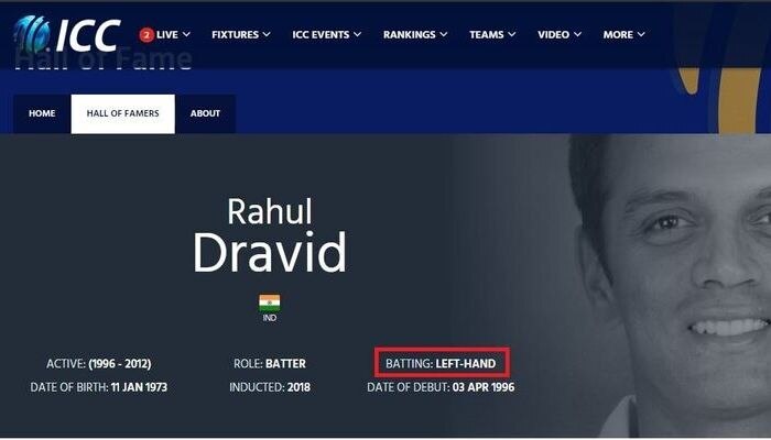 Major Blunder: ICC Mentions Rahul Dravid As Left-Hand Batsman; Twitter Loses Cool