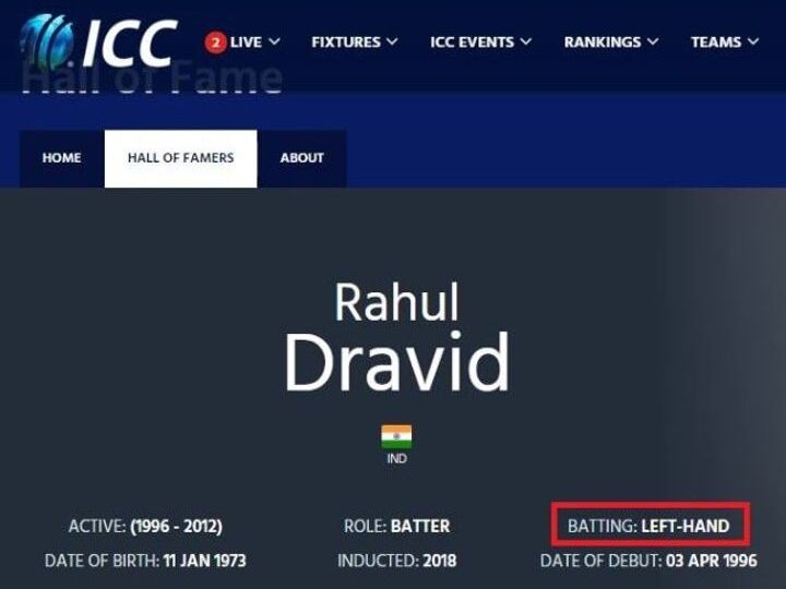 Major Blunder: ICC Mentions Rahul Dravid As Left-Hand Batsman; Twitter Loses Cool