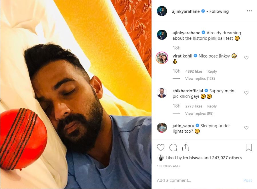 Kohli, Dhawan Reacts Wittily To Rahane's 'Dreaming About Historic Pink Ball Test' Pic