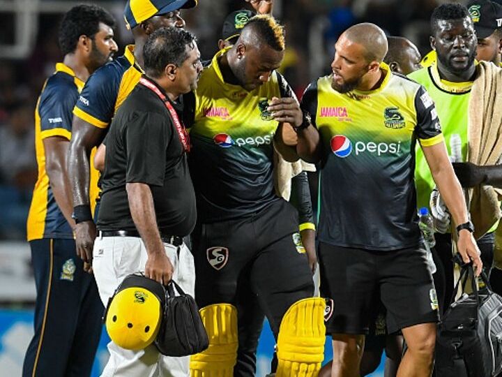 andre russell cleared off any serious injury after copping a blow on the helmet सीपीएल मैच के दौरान आंद्रे रसेल को सिर पर लगी गेंद, मैदान से हुए बाहर