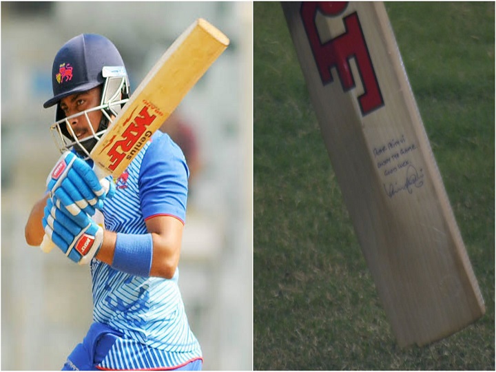 prithvi shaw dazzles for mumbai fans spot india captains signature on his bat पृथ्वी शॉ ने लगाया जिस बल्ले से अर्धशतक, उसपर दिखा भारतीय कप्तान विराट कोहली का ऑटोग्राफ