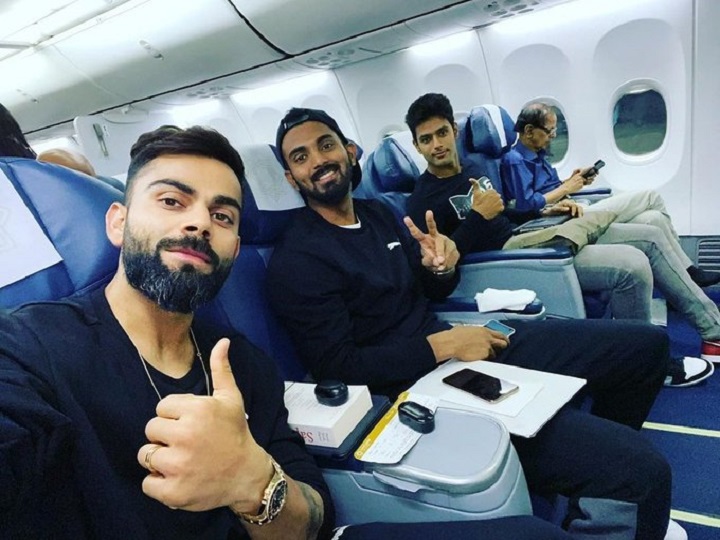 india vs west indies%e2%80%89virat kohli shares candid moment with kl%e2%80%89rahul shivam dube on way to hyderabad see%e2%80%89photo IND vs WI: विराट कोहली ने केएल राहुल और शिवम दुबे के साथ फ्लाइट के अंदर से शेयर की तस्वीर, हैदराबाद के लिए हुए रवाना