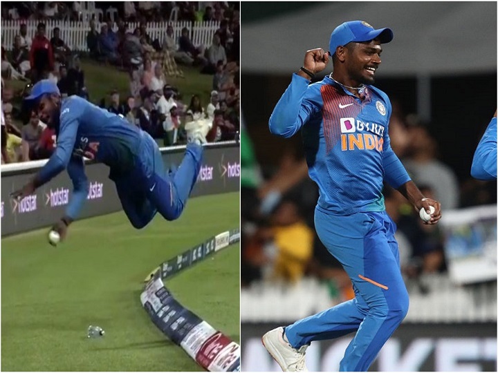 india vs new zealand sanju samsons gravity defying leap on the fence is a must watch IND vs NZ: फील्डिंग के दौरान संजू सैमसन ने हवा में लगाई ऐसी छलांग, कमेंटेटर ने कहा- 'आज तक ऐसा नहीं देखा'